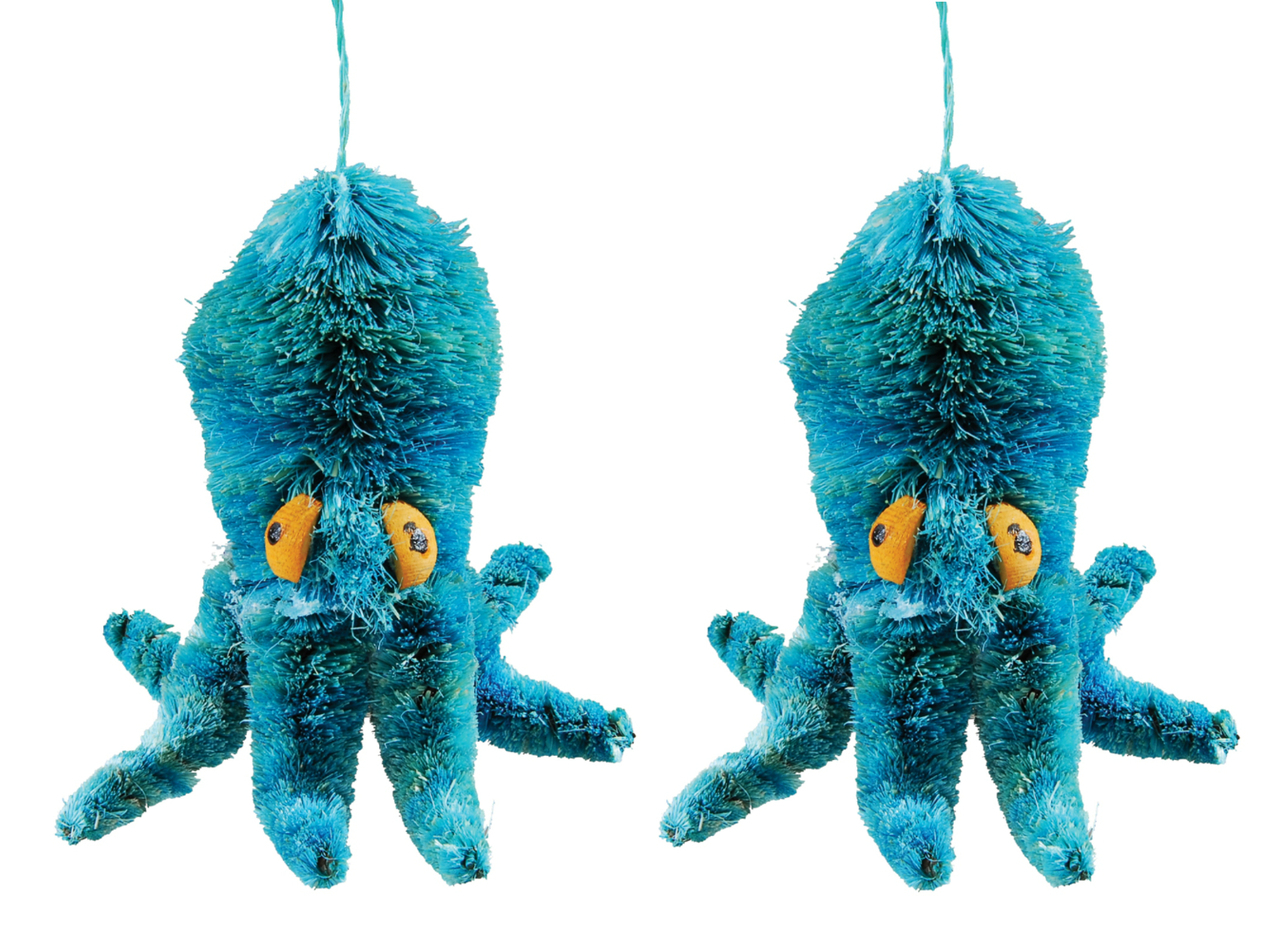 Abaca Wood Teal Blue Octopus Christmas Holiday Ornaments Set of 2