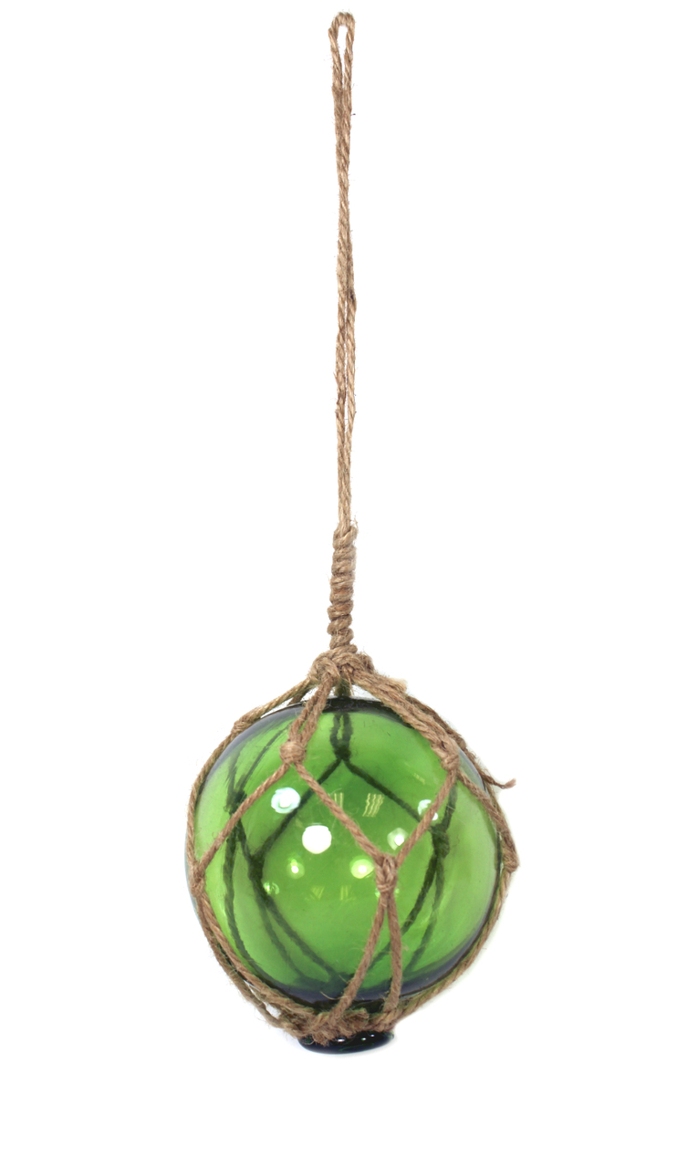 Green Japanese Glass Fishing Fish Net Float Buoy Tied with Jute 4 Inch
