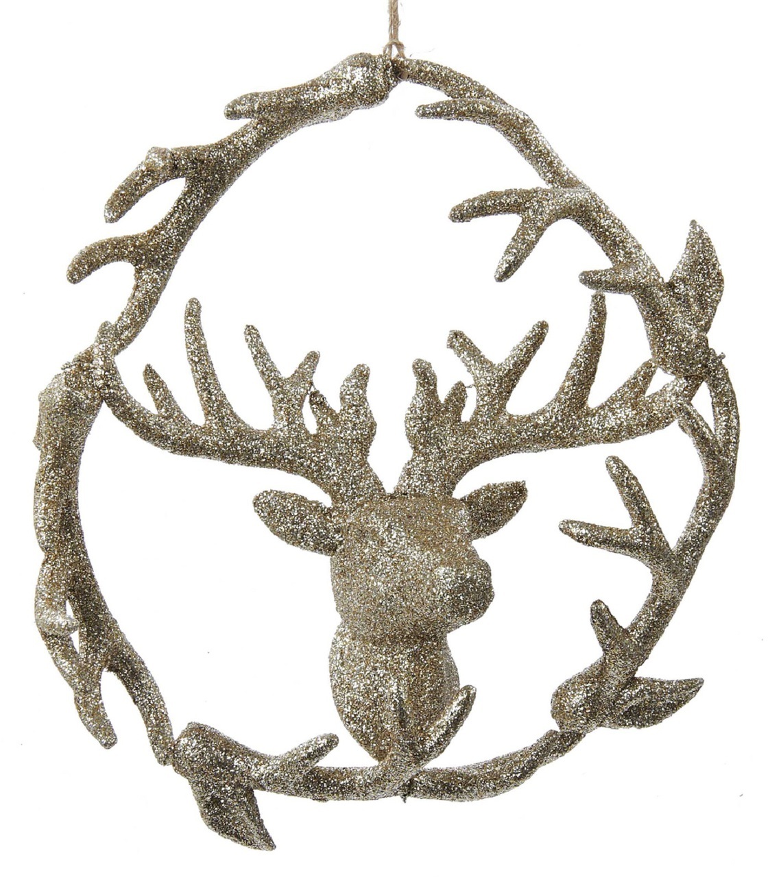 Golden Glitter 7 Inch Antler Wreath with Deer Head Christmas Holiday Ornament